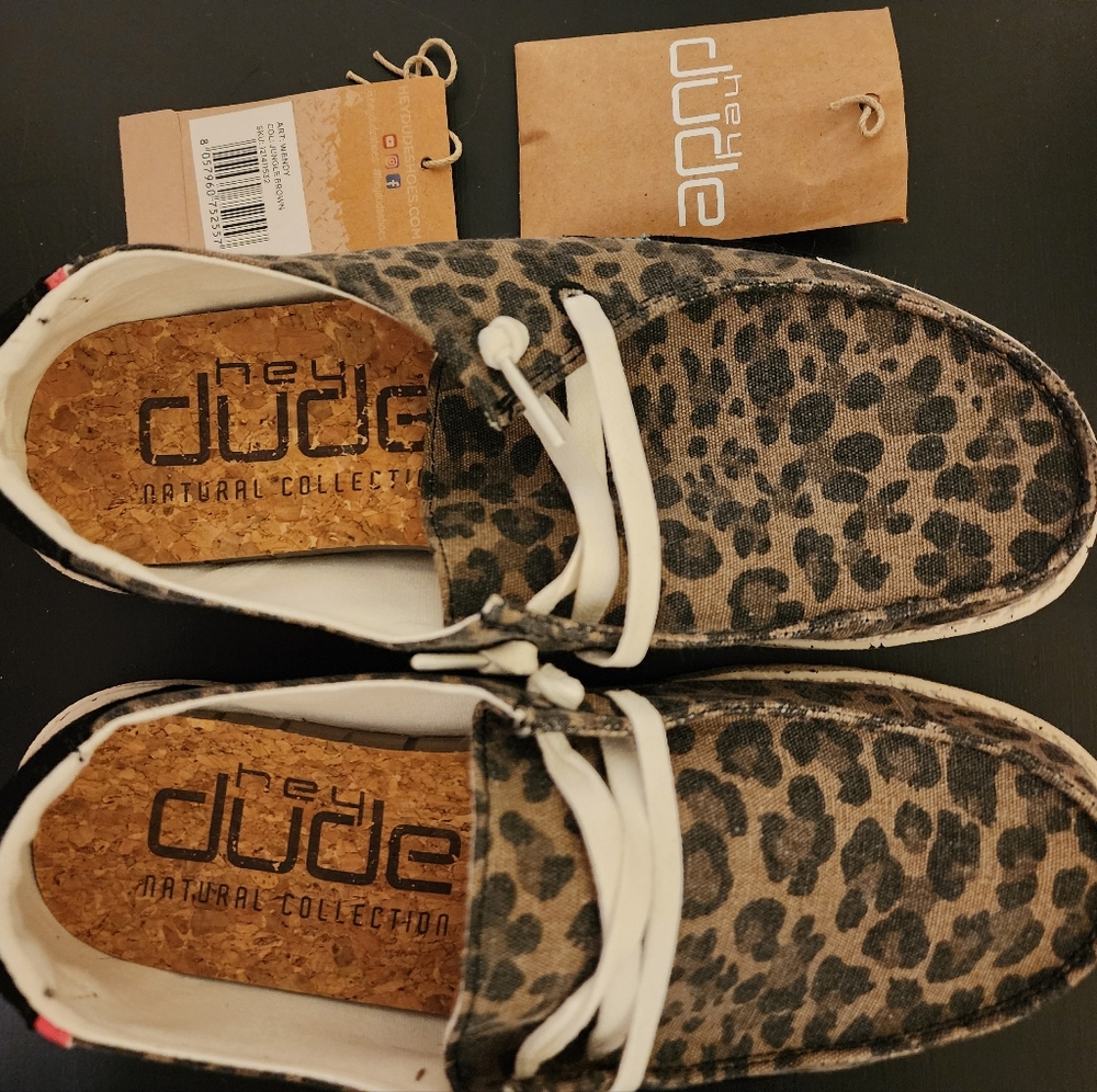 Hey Dude Leopard Print Shoes with White Laces. Wendy Jungle Brown.